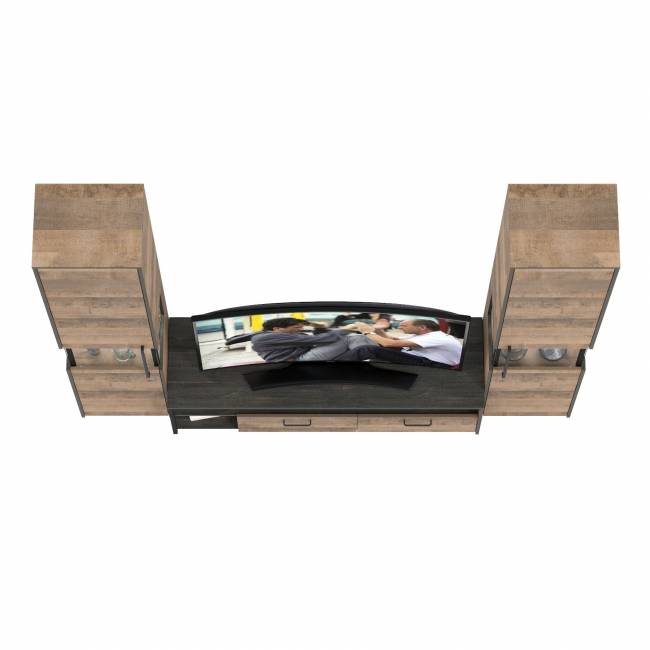 Два шкафа-пенала с подсветкой и тумба под ТВ Трувор № 18 цвет дуб гранж песочный/интра Два шкафа-пенала с подсветкой и тумба под ТВ Трувор № 18 цвет дуб гранж песочный/интра