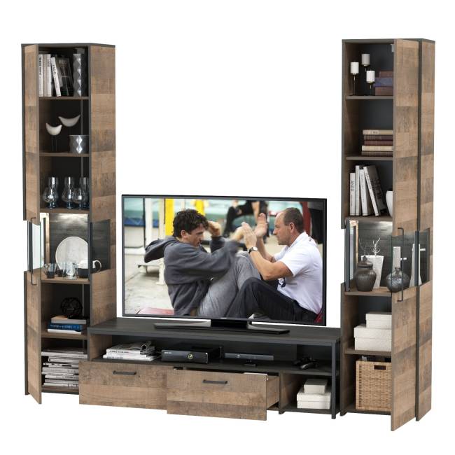 Два шкафа-пенала с подсветкой и тумба под ТВ Трувор № 18 цвет дуб гранж песочный/интра Два шкафа-пенала с подсветкой и тумба под ТВ Трувор № 18 цвет дуб гранж песочный/интра