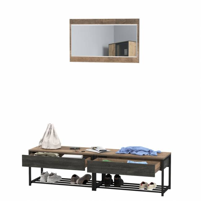 Две тумбы для обуви с сиденьем и зеркалом Трувор цвет дуб гранж песочный/интра Две тумбы для обуви с сиденьем и зеркалом Трувор цвет дуб гранж песочный/интра