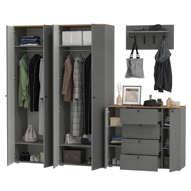 Комод четыре ящика с настенной вешалкой и двумя платяными шкафами Остин цвет серый графит/дуб крафт золотой Комод четыре ящика с настенной вешалкой и двумя платяными шкафами Остин цвет серый графит/дуб крафт золотой