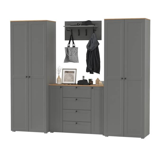 Комод четыре ящика с настенной вешалкой и двумя платяными шкафами Остин цвет серый графит/дуб крафт золотой Комод четыре ящика с настенной вешалкой и двумя платяными шкафами Остин цвет серый графит/дуб крафт золотой