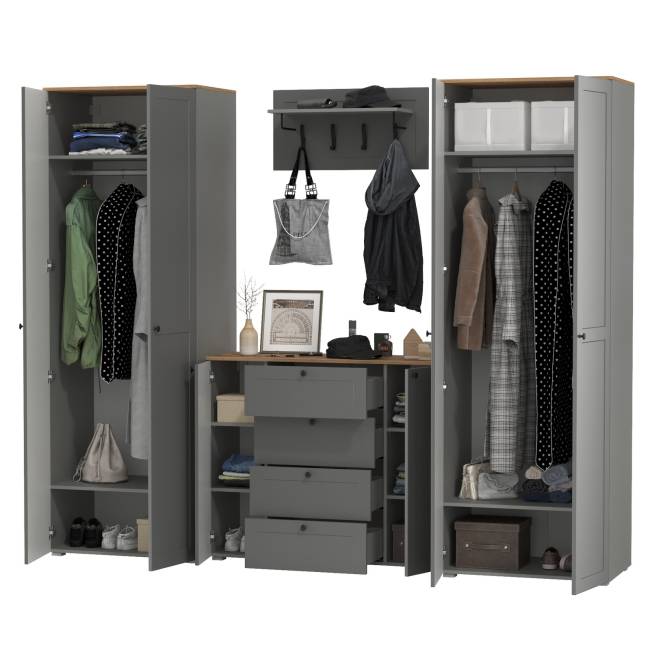 Комод четыре ящика с настенной вешалкой и двумя платяными шкафами Остин цвет серый графит/дуб крафт золотой Комод четыре ящика с настенной вешалкой и двумя платяными шкафами Остин цвет серый графит/дуб крафт золотой