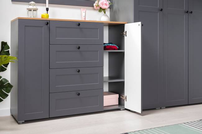 Комод четыре ящика с настенной вешалкой и двумя платяными шкафами Остин цвет серый графит/дуб крафт золотой Комод четыре ящика с настенной вешалкой и двумя платяными шкафами Остин цвет серый графит/дуб крафт золотой