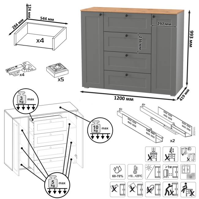 Комод четыре ящика с настенной вешалкой и двумя платяными шкафами Остин цвет серый графит/дуб крафт золотой Комод четыре ящика с настенной вешалкой и двумя платяными шкафами Остин цвет серый графит/дуб крафт золотой