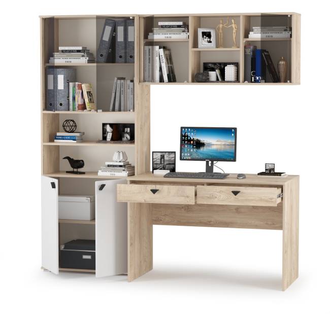 Компьютерный стол со шкафом и полкой со стеклом Бостон цвет дуб эндгрейн элегантный/фасады МДФ милк рикамо софт Компьютерный стол со шкафом и полкой со стеклом Бостон цвет дуб эндгрейн элегантный/фасады МДФ милк рикамо софт