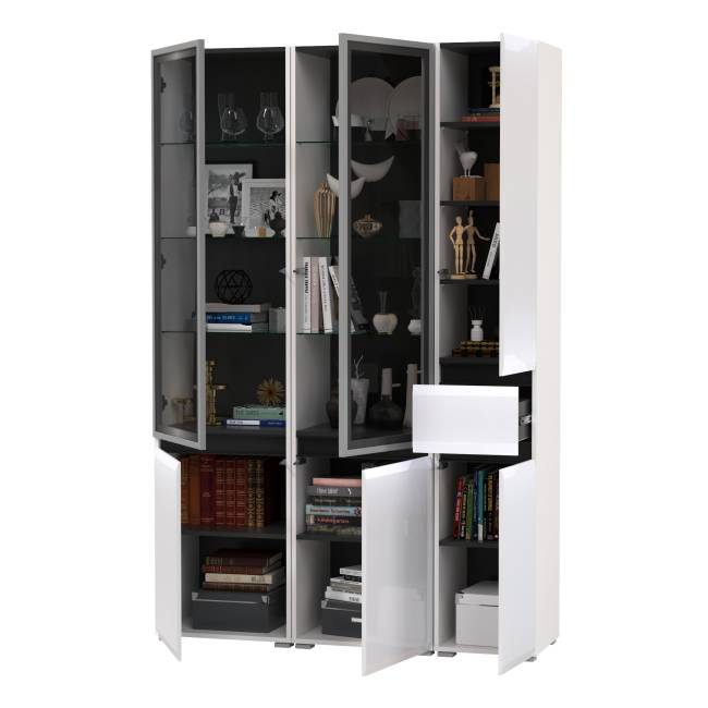 Горка для гостиной Сидней из шкаф-витрина 2 штуки и шкаф с ящиком 13.202 цвет белый/чёрный/МДФ белый глянец