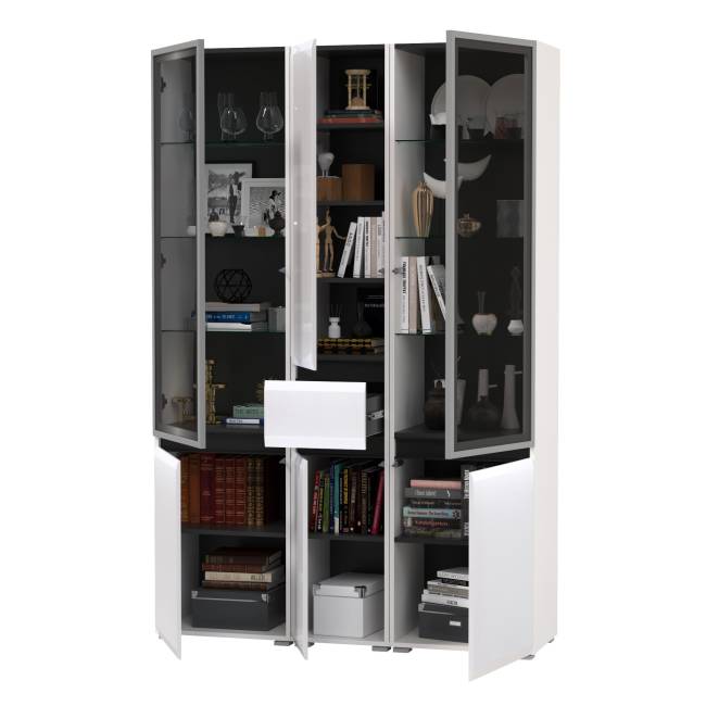 Горка для гостиной Сидней из шкаф-витрина 2 штуки и шкаф с ящиком 13.202 цвет белый/чёрный/МДФ белый глянец