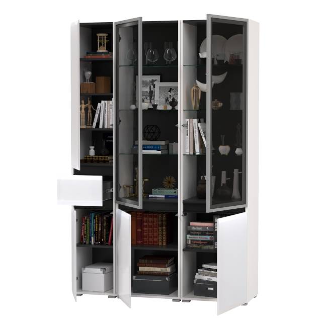 Горка для гостиной Сидней из шкаф-витрина 2 штуки и шкаф с ящиком 13.202 цвет белый/чёрный/МДФ белый глянец