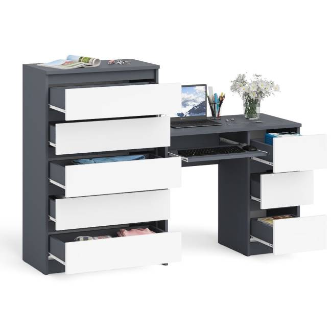 Высокий комод Мори на 700 5 ящиков и компьютерный стол Мори МС-6 тумба справа цвет графит/белый Высокий комод Мори на 700 5 ящиков и компьютерный стол Мори МС-6 тумба справа цвет графит/белый
