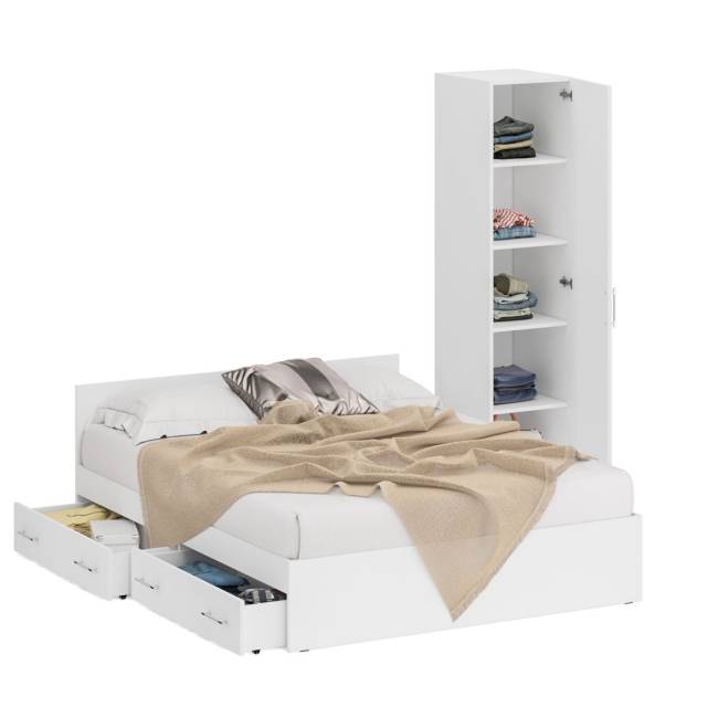 Двуспальная Кровать белая с ящиками 1600 с пеналом Стандарт цвет белый