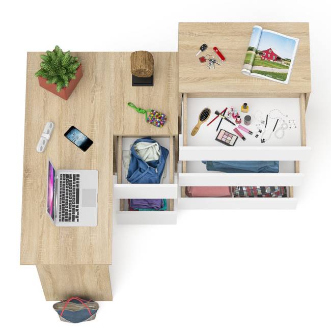 Высокий комод 700 пять ящиков и угловой компьютерный стол МС-16 правый серии Мори цвет дуб сонома/белый Высокий комод 700 пять ящиков и угловой компьютерный стол МС-16 правый серии Мори цвет дуб сонома/белый