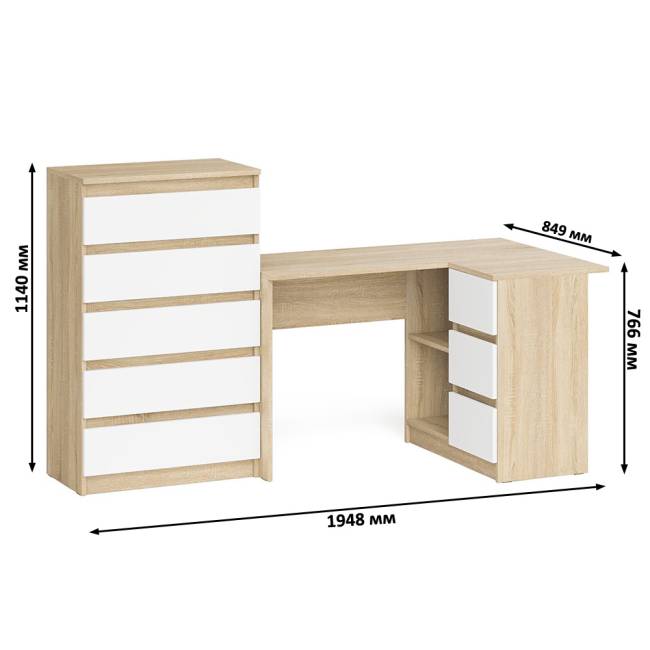 Высокий комод 700 пять ящиков и угловой компьютерный стол МС-16 правый серии Мори цвет дуб сонома/белый Высокий комод 700 пять ящиков и угловой компьютерный стол МС-16 правый серии Мори цвет дуб сонома/белый