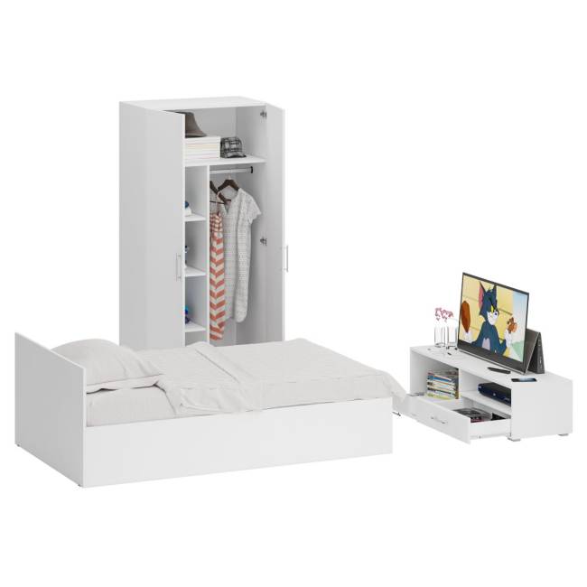 Спальня белая Стандарт № 3 с кроватью 1200 цвет белый/фасады ТВ тумбы МДФ белый глянец Спальня белая Стандарт № 3 с кроватью 1200 цвет белый/фасады ТВ тумбы МДФ белый глянец
