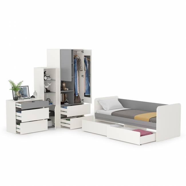 Мебель детская Торонто компоновка № 26 цвет белый шагрень/стальной серый