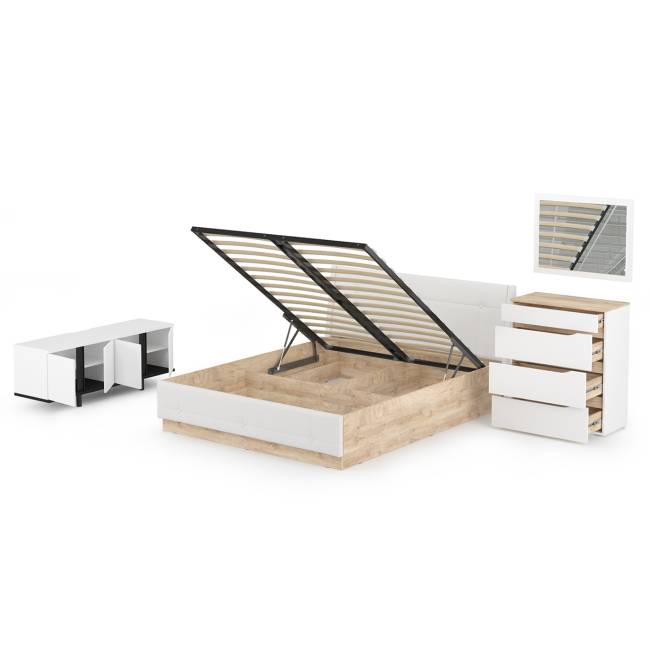 Муссон Кровать 1600 с подъёмным механизмом с тумбой TV 13.276 и зеркалом СВК цвет белый/чёрный/дуб эндгрейн элегантный/кожзам белый