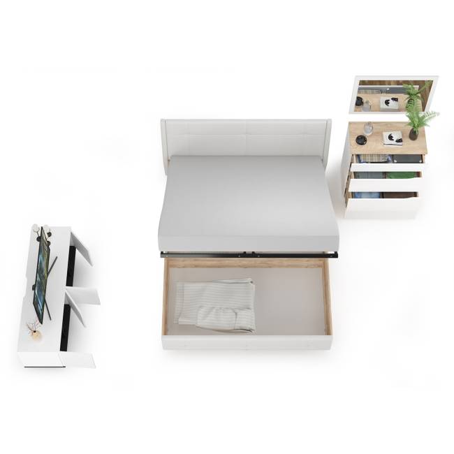 Муссон Кровать 1600 с подъёмным механизмом с тумбой TV 13.276 и зеркалом СВК цвет белый/чёрный/дуб эндгрейн элегантный/кожзам белый