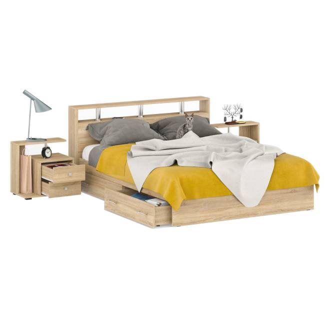 Кровать с ящиками 1600 Камелия + две тумбы цвет дуб сонома