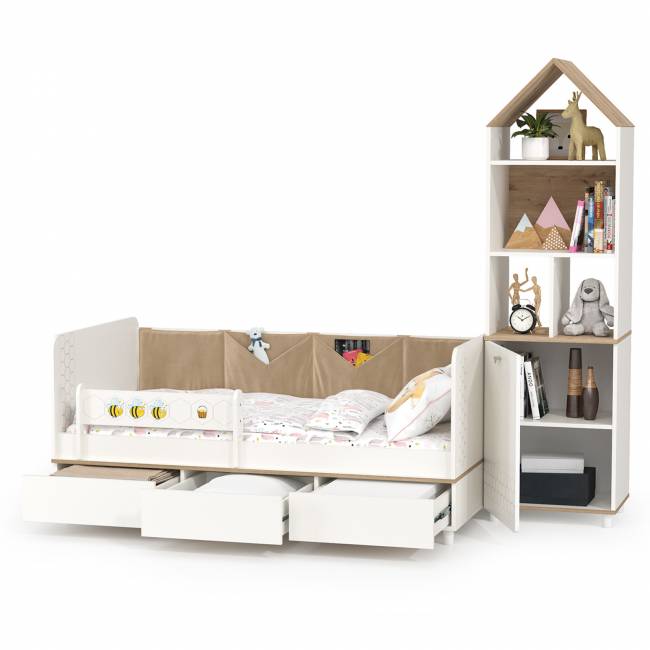 Кровать детская с тремя ящиками и открытый детский стеллаж Эйп цвет белый/дуб белый