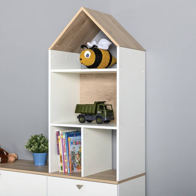 Кровать детская с тремя ящиками и открытый детский стеллаж Эйп цвет белый/дуб белый