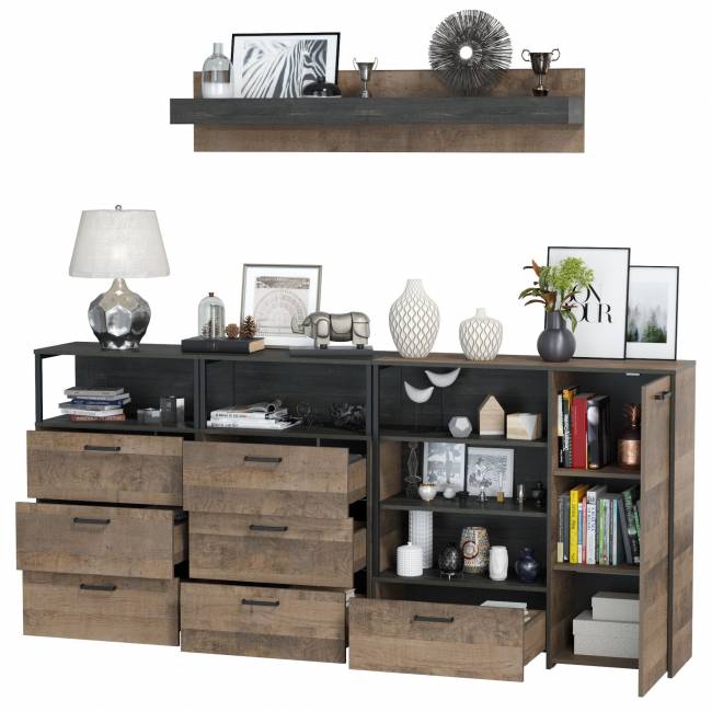 Два комода с ящиками с навесной полкой и комод с ящиком и дверкой в гостиную Трувор цвет дуб гранж песочный/интра Два комода с ящиками с навесной полкой и комод с ящиком и дверкой в гостиную Трувор цвет дуб гранж песочный/интра