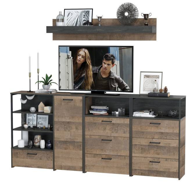 Два комода с ящиками с навесной полкой и комод с ящиком и дверкой в гостиную Трувор цвет дуб гранж песочный/интра Два комода с ящиками с навесной полкой и комод с ящиком и дверкой в гостиную Трувор цвет дуб гранж песочный/интра