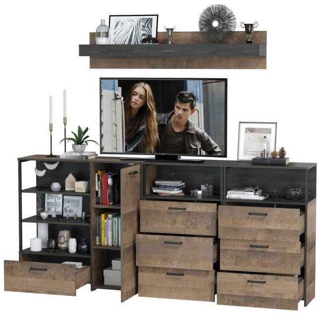 Два комода с ящиками с навесной полкой и комод с ящиком и дверкой в гостиную Трувор цвет дуб гранж песочный/интра Два комода с ящиками с навесной полкой и комод с ящиком и дверкой в гостиную Трувор цвет дуб гранж песочный/интра