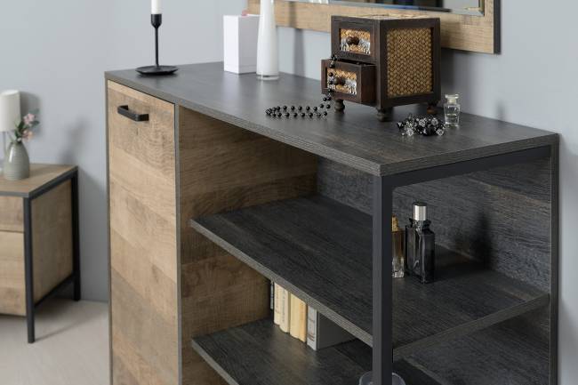 Два комода с ящиками с навесной полкой и комод с ящиком и дверкой в гостиную Трувор цвет дуб гранж песочный/интра Два комода с ящиками с навесной полкой и комод с ящиком и дверкой в гостиную Трувор цвет дуб гранж песочный/интра