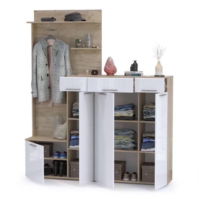 Прихожая Лайн № 5 цвет дуб крафт серый/фасады МДФ белый глянец Прихожая Лайн № 5 цвет дуб крафт серый/фасады МДФ белый глянец